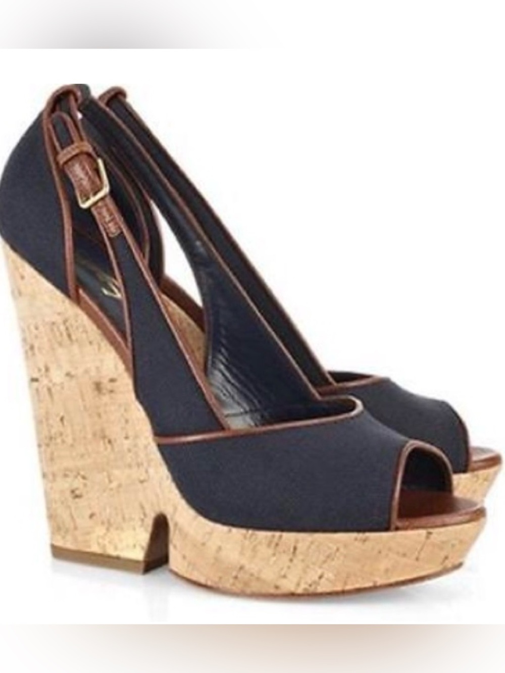 Yves Saint Laurent YSL Deauville Canvas Cork Platform Wedges Navy 38